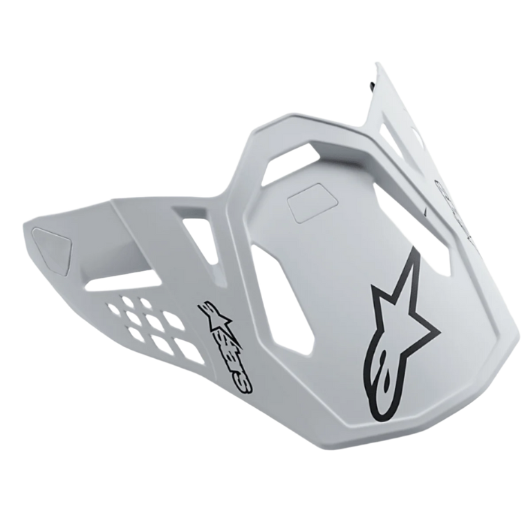 Alpinestars Supertech M10 Dyno Helmet Visor, Matte White, featuring black Alpinestars star logos, motocross racing peak with geometric cutouts for airflow, matte finish, aerodynamic design for off-road performance