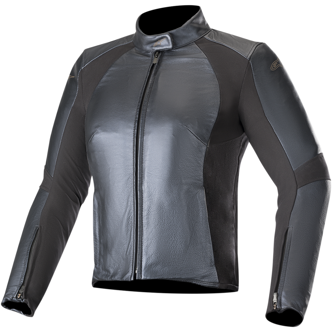 Alpinestars Stella Vika V2 Leather Jacket, Women's Motorcycle Jacket, Metallic Blue, sleek leather construction with matte aramid stretch panels, high collar, front zipper, tailored figure-hugging design