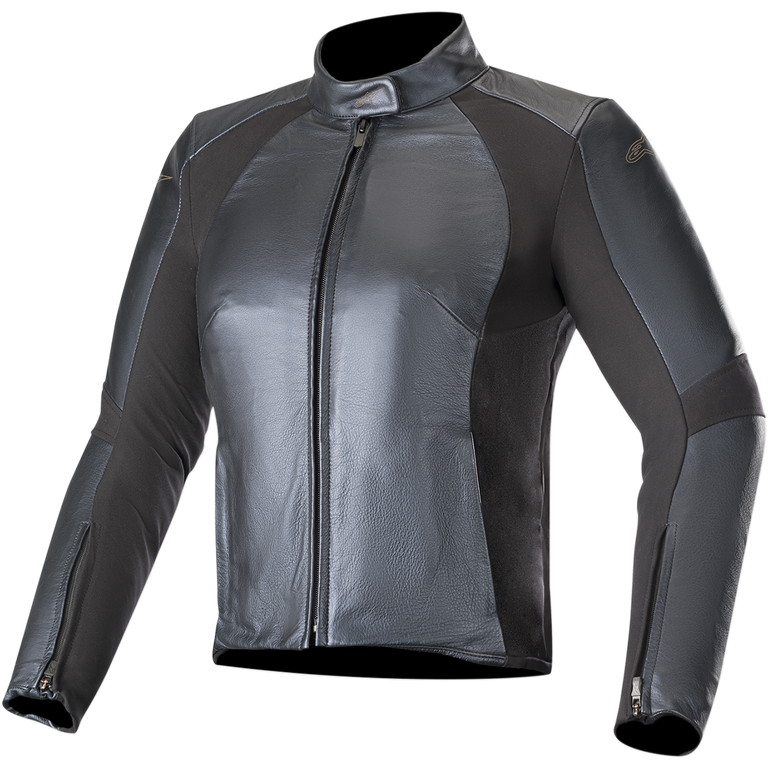 Alpinestars Stella Vika V2 Leather Jacket, Women's Motorcycle Jacket, Metallic Blue, sleek leather construction with matte aramid stretch panels, high collar, front zipper, tailored figure-hugging design
