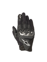 Alpinestars SMX-1 Air V2 Gloves, black leather and mesh motorcycle gloves for road riding with hard knuckle armor.