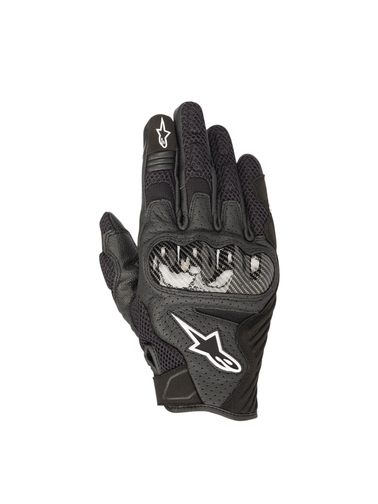 Alpinestars SMX-1 Air V2 Gloves, black leather and mesh motorcycle gloves for road riding with hard knuckle armor.