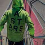 Alpinestars Perpetuate Hoodie, back view, Lime Green heathered fleece, large black ASTARS text graphic on the back, casual sportswear with fabric blocking and drawstring hood