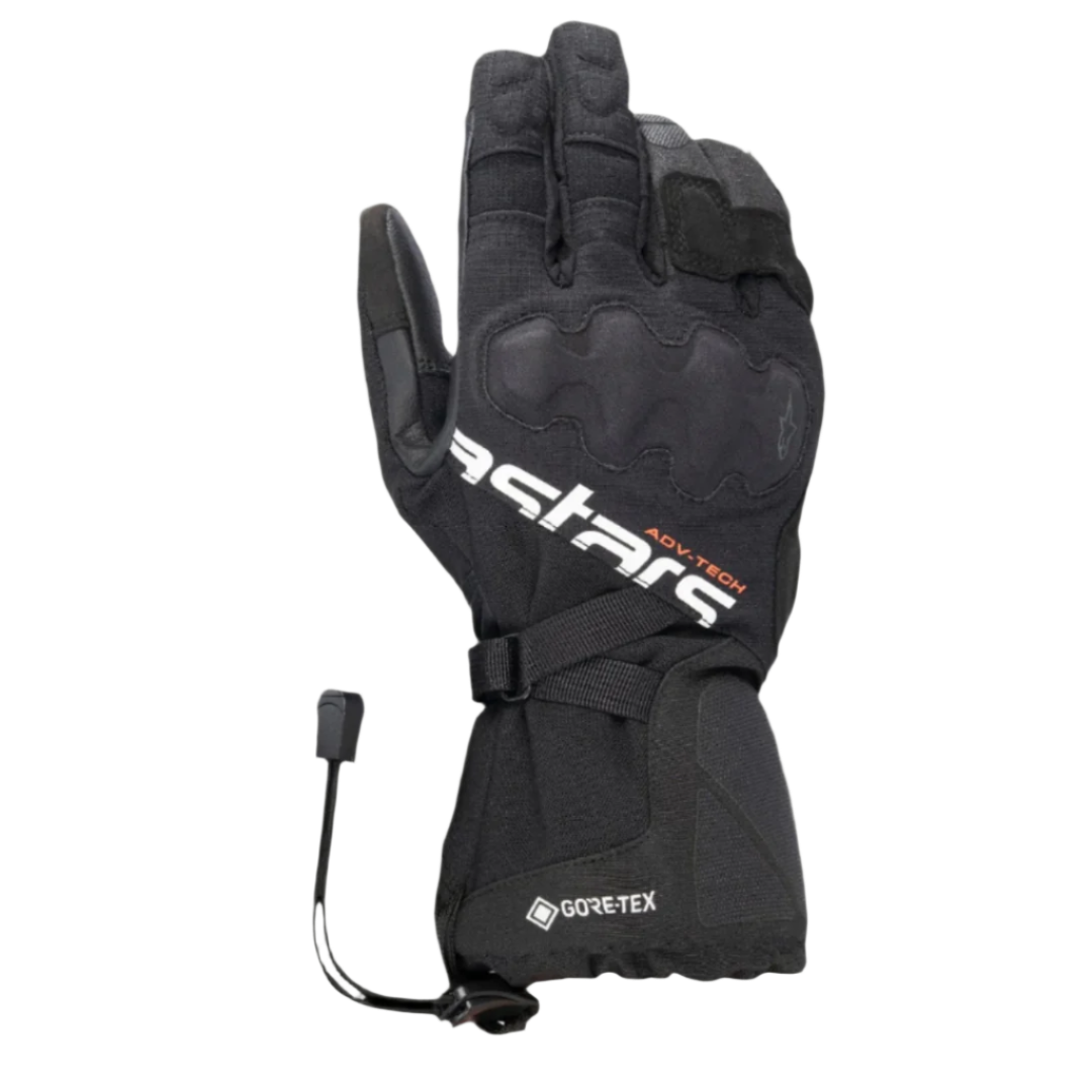 Alpinestars XT-5 GORE-TEX Gloves, Black Motorcycle Gloves, featuring white Astars branding and orange ADV-TECH text, long cuff design with covered knuckle protection, GORE-TEX logo, and shock cord closure, adventure touring gear