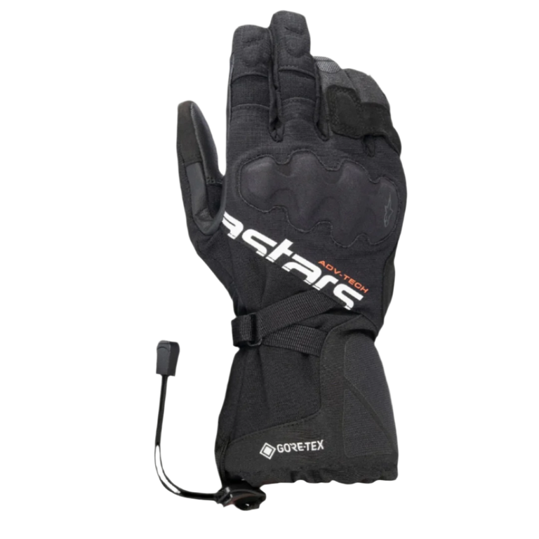 Alpinestars XT-5 GORE-TEX Gloves, Black Motorcycle Gloves, featuring white Astars branding and orange ADV-TECH text, long cuff design with covered knuckle protection, GORE-TEX logo, and shock cord closure, adventure touring gear