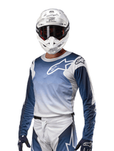 Alpinestars 2024 Racer Hoen Jersey, White and Dark Navy motocross top with moisture-wicking panels for off-road riding.