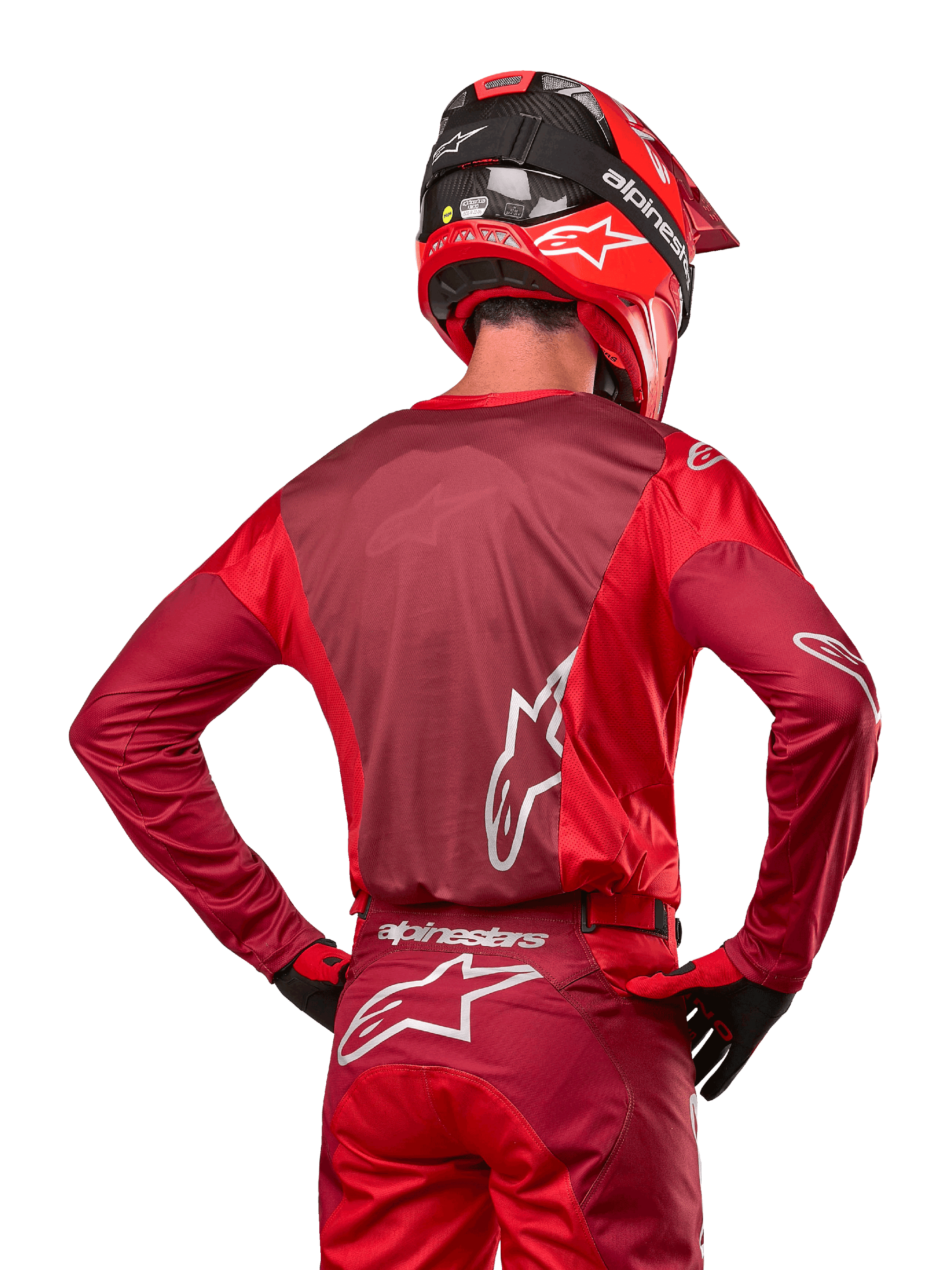 Alpinestars 2024 Racer Hoen Jersey, back view of red and burgundy moisture-wicking motocross top for off-road racing.