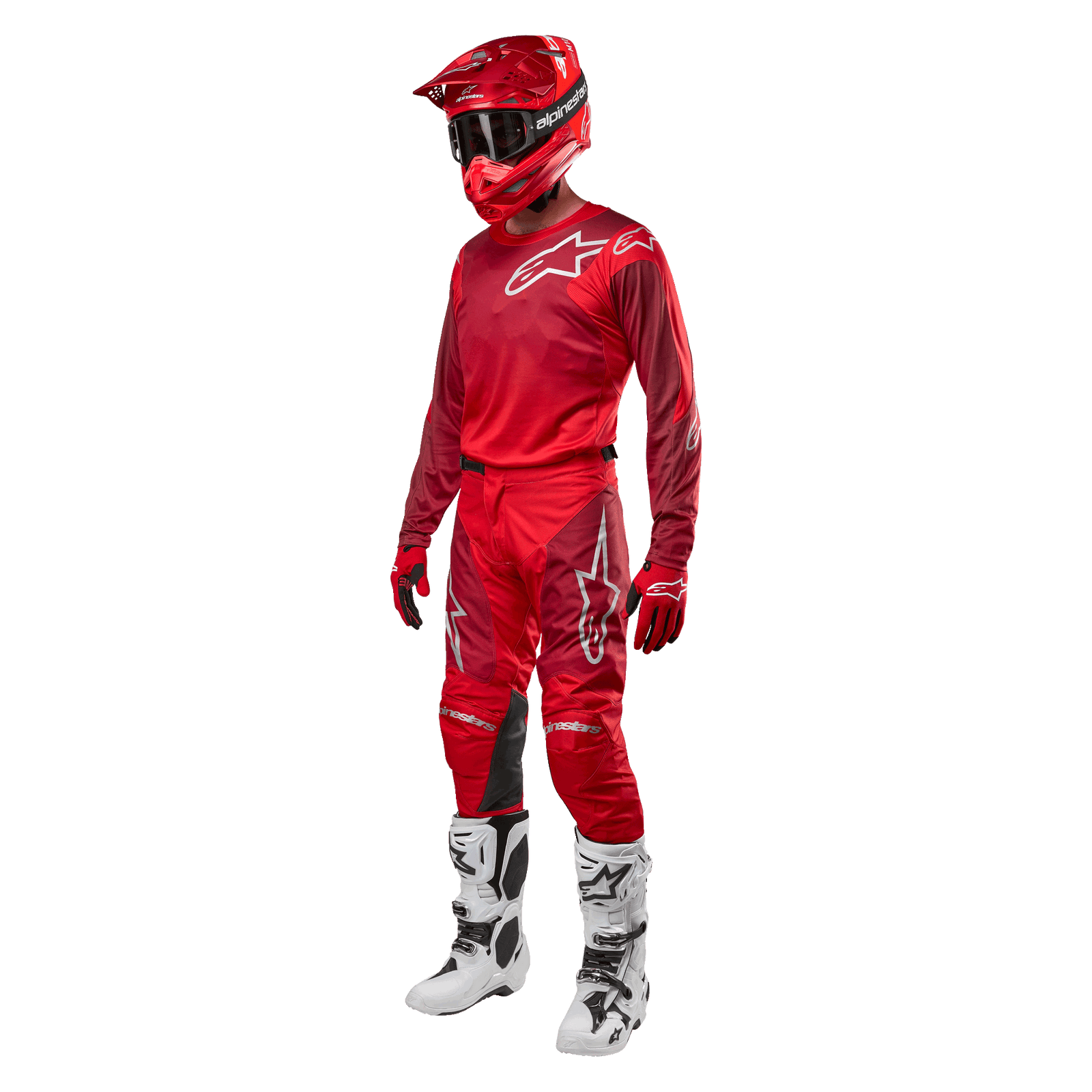 Alpinestars 2024 Racer Hoen Jersey, Motocross Gear Set, Men's, Mars Red and Burgundy, with White Racing Boots.
