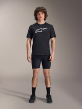 Alpinestars A-Dura Liner Shorts, Black cycling liner shorts, worn by a model with a black Alpinestars logo t-shirt and black cycling shoes, tight-fitting design for MTB performance and in-saddle comfort.