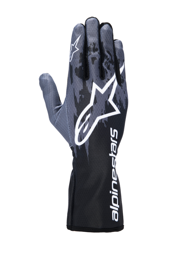Alpinestars Tech-1 K V3 Gloves, Karting Gloves, Black Anthracite, featuring a large white Astar logo on the back of the hand, dark gray camo-style pattern, and a gauntlet cuff with vertical white Alpinestars branding