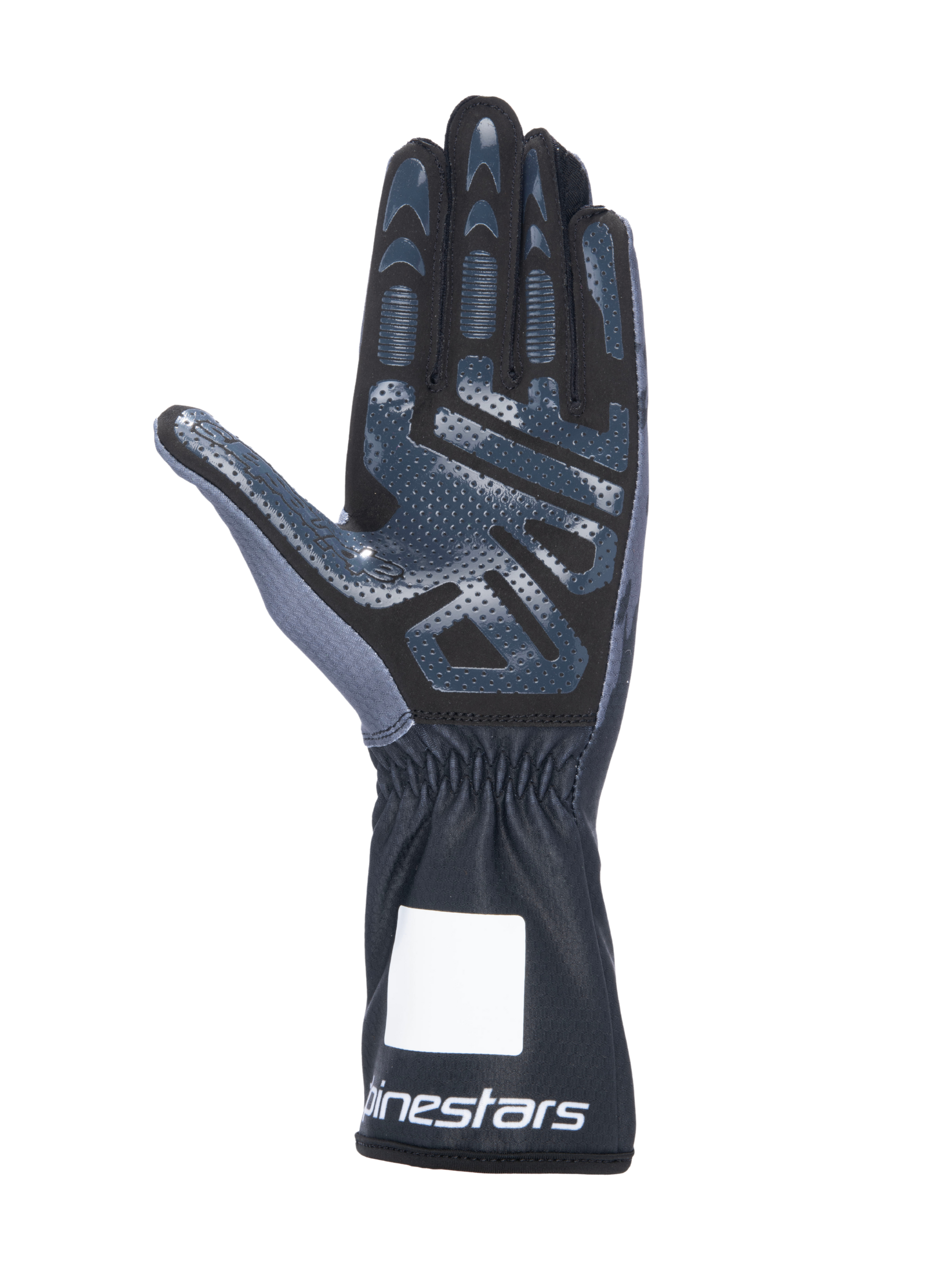 Alpinestars Tech-1 K V3 Karting Gloves, Black Anthracite, palm side view featuring high-grip silicone print, synthetic suede palm, gauntlet cuff with elasticated wrist and white branding, professional motorsport gear