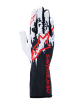 Alpinestars Tech-1 K V3 Gloves, Karting Gloves, Black White Red, featuring a white and black splattered graphic design on the back, large red Alpinestars logo, red branding on the long gauntlet cuff, professional motorsport gear.