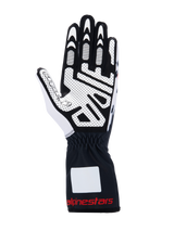 Alpinestars Tech-1 K V3 Gloves, Karting Gloves, Black White and Red, palm view showing high-grip silicone print, synthetic suede material, gauntlet cuff with red branding, professional karting gear