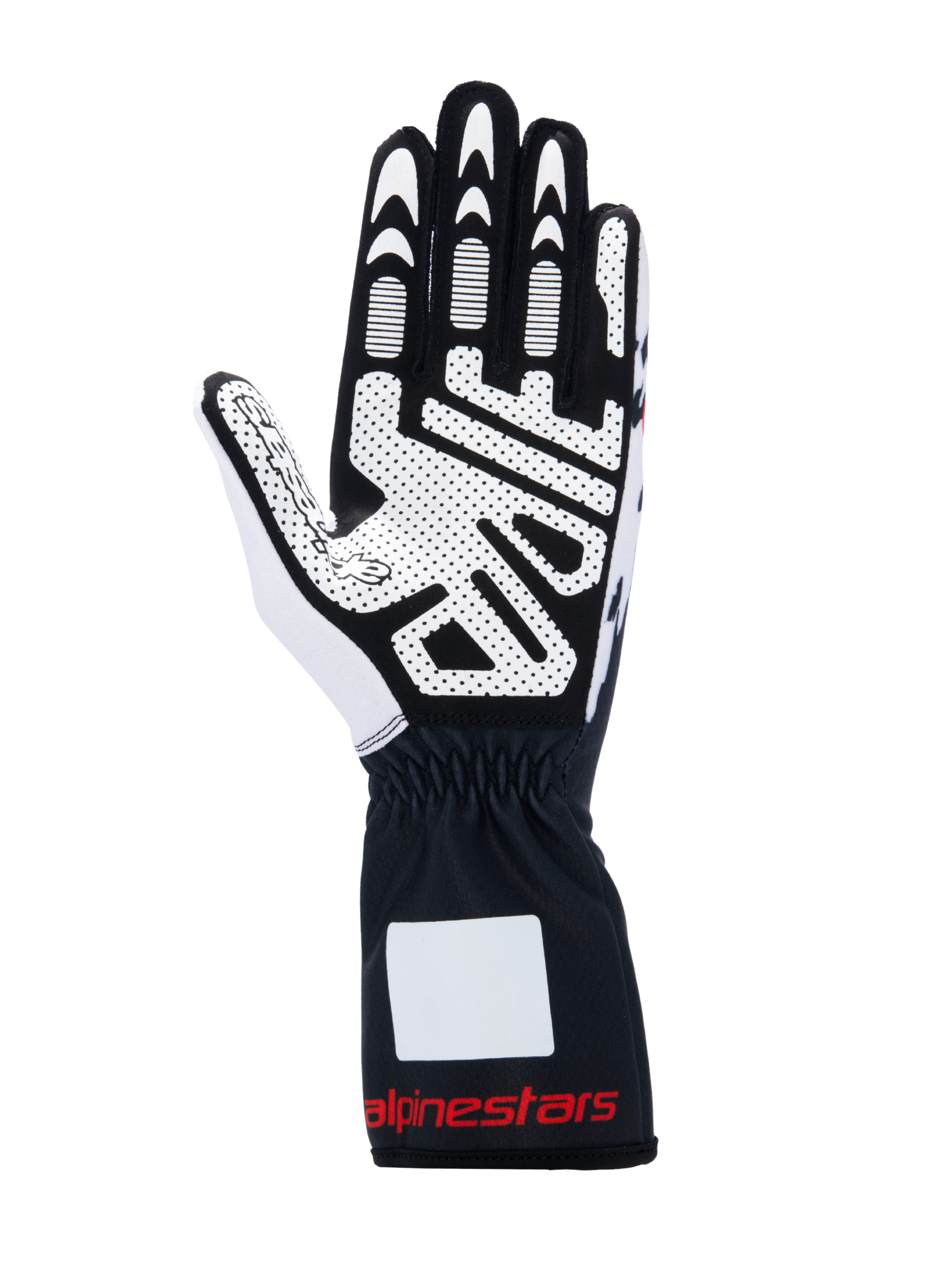 Alpinestars Tech-1 K V3 Gloves, Karting Gloves, Black White and Red, palm view showing high-grip silicone print, synthetic suede material, gauntlet cuff with red branding, professional karting gear