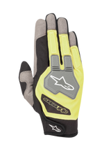 Alpinestars Engine Gloves, Karting and Mechanics Gloves, Black and Fluorescent Yellow, backhand view featuring grey mesh panels and a TPR knuckle guard with Alpinestars logo, lightweight and breathable multi-material construction
