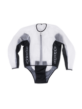 Alpinestars Racing Rain Jacket, Waterproof Transparent Motorcycle Jacket, Clear and Black, white vertical logos on side panels, front zipper closure, pre-curved design for fit over leather suits, functional wet weather track gear