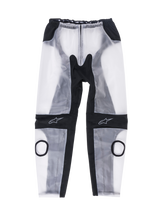 Alpinestars Racing Rain Pants, Motorcycle Rain Overpants, Clear Black and Translucent White, featuring circular knee slider cutouts, black ergonomic stretch panels, and star logos on the knees, waterproof design for track use