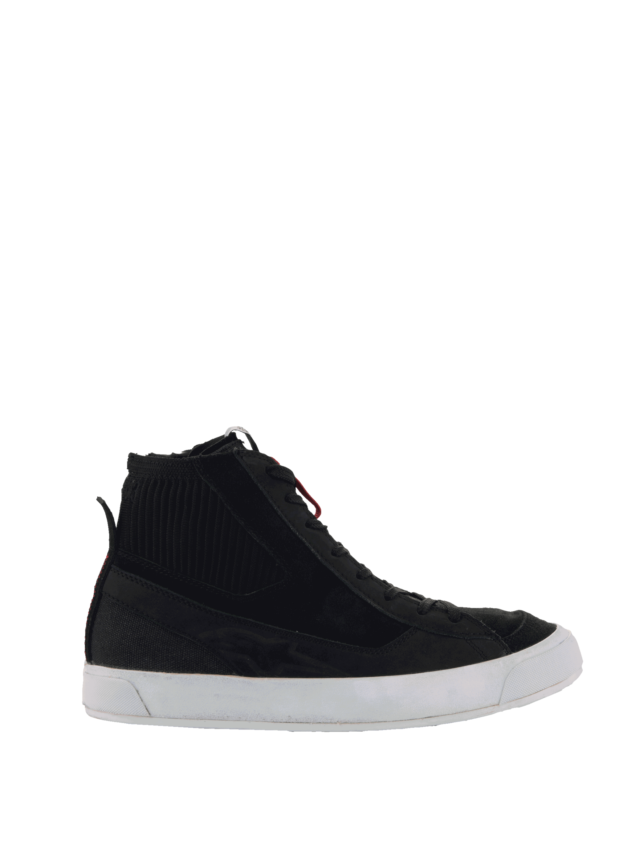 Alpinestars Stated Shoes, black urban motorcycle sneakers with a knitted ankle collar and white vulcanized sole.