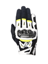 Alpinestars SMX-2 Air Carbon V2 Gloves, Motorcycle Gloves, Black White and Yellow Fluo, featuring carbon fiber knuckle guards, 3D mesh and leather construction, sporty road gear with fluorescent accents