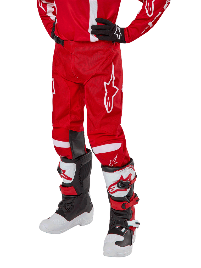 Alpinestars Youth 2024 Racer Lurv Pants, Mars Red and White motocross trousers with ergonomic design and stretch panels.