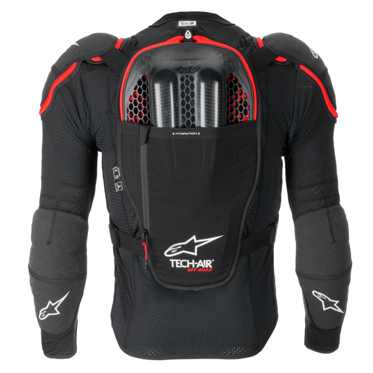 Tech-Air® Off-Road motorcycle airbag back view in black and red, featuring Nucleon CELL armor and hydration pocket.
