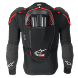 Tech-Air® Off-Road motorcycle airbag back view in black and red, featuring Nucleon CELL armor and hydration pocket.