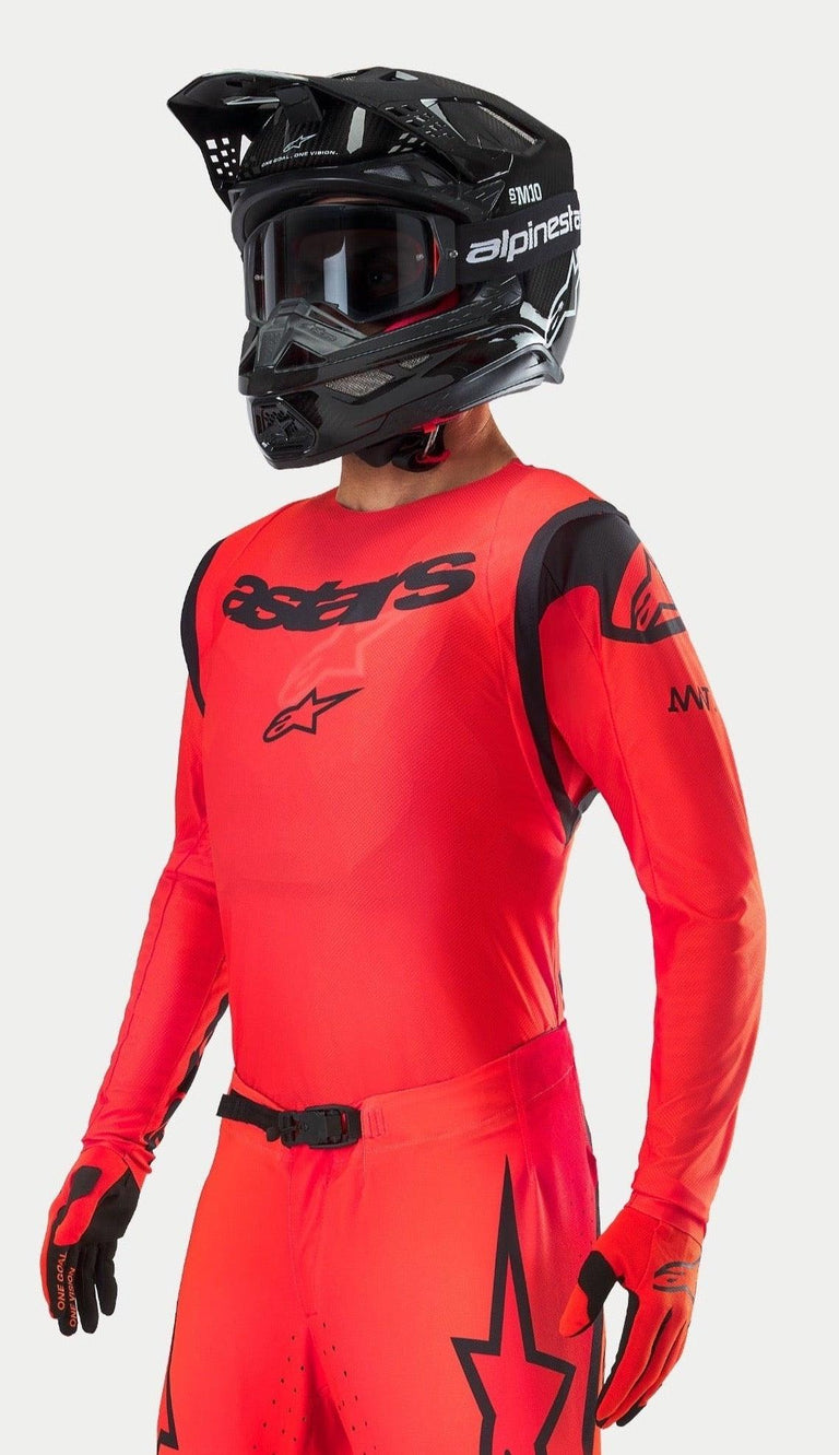 Alpinestars Supertech Ember LE Jersey, Red and Black Motocross Jersey, pro-level athletic fit with lightweight mesh.