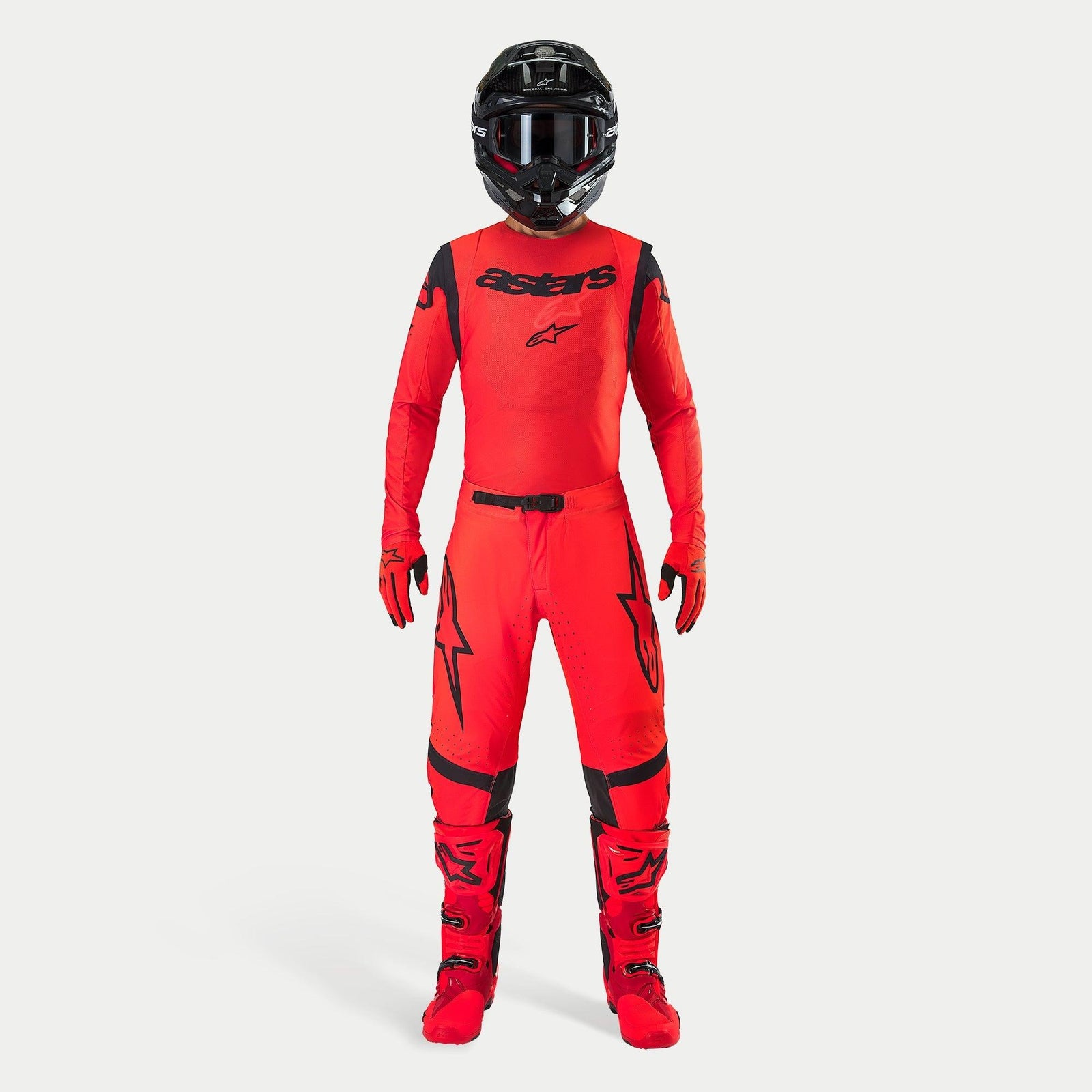 Alpinestars Supertech Ember LE Jersey, professional motocross gear in Red Fluo and Black, part of a full racing outfit.