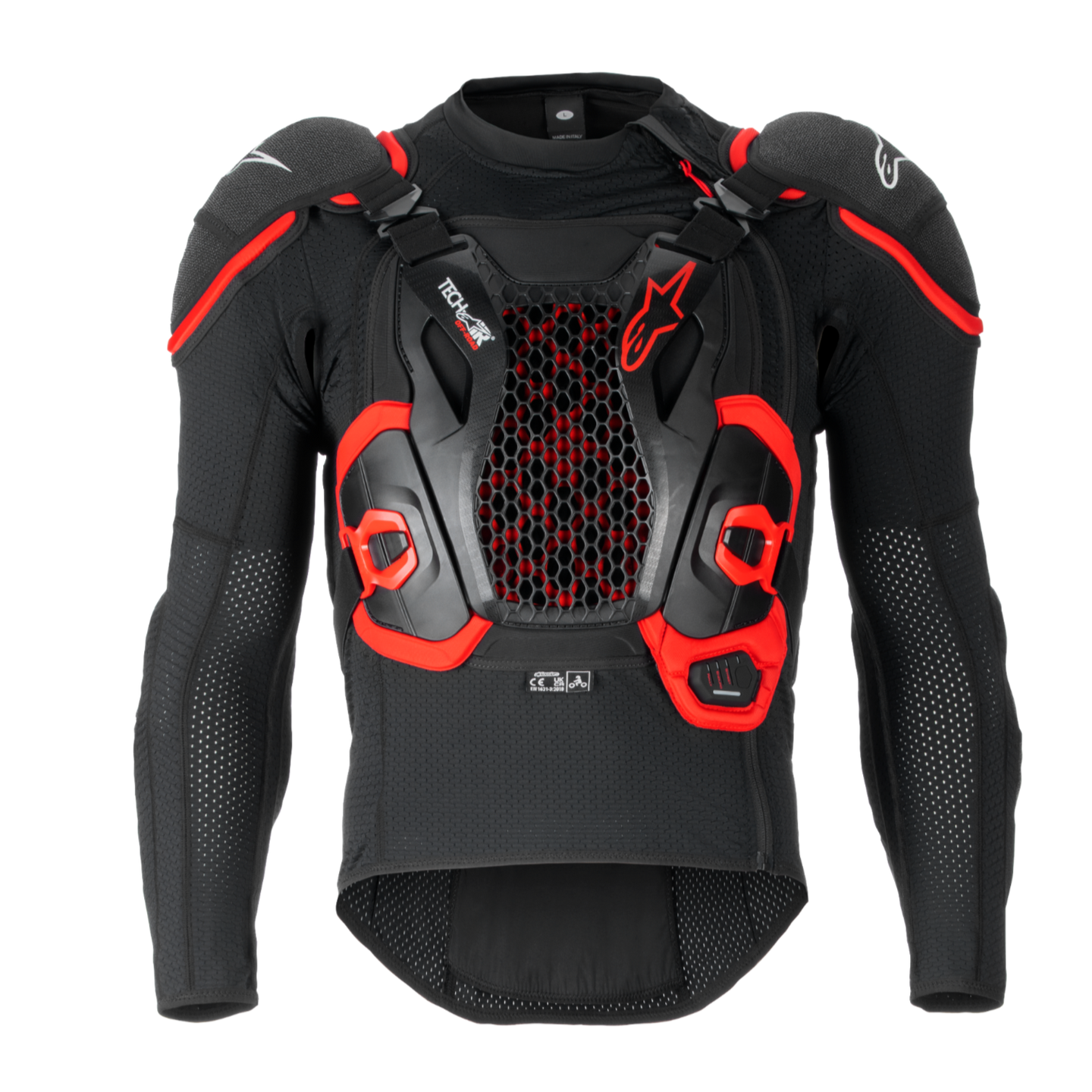Tech-Air® Off-Road System, black and red motorcycle airbag jacket with hexagonal mesh chest panel and padded shoulders.
