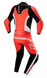 Alpinestars GP Force Lurv 1-Piece Leather Suit, Red Fluo White and Black, Rear view featuring an aerodynamic back hump, white perforated leather panels, and bold white Alpinestars branding across the lower back, professional motorcycle racing suit with accordion stretch panels.