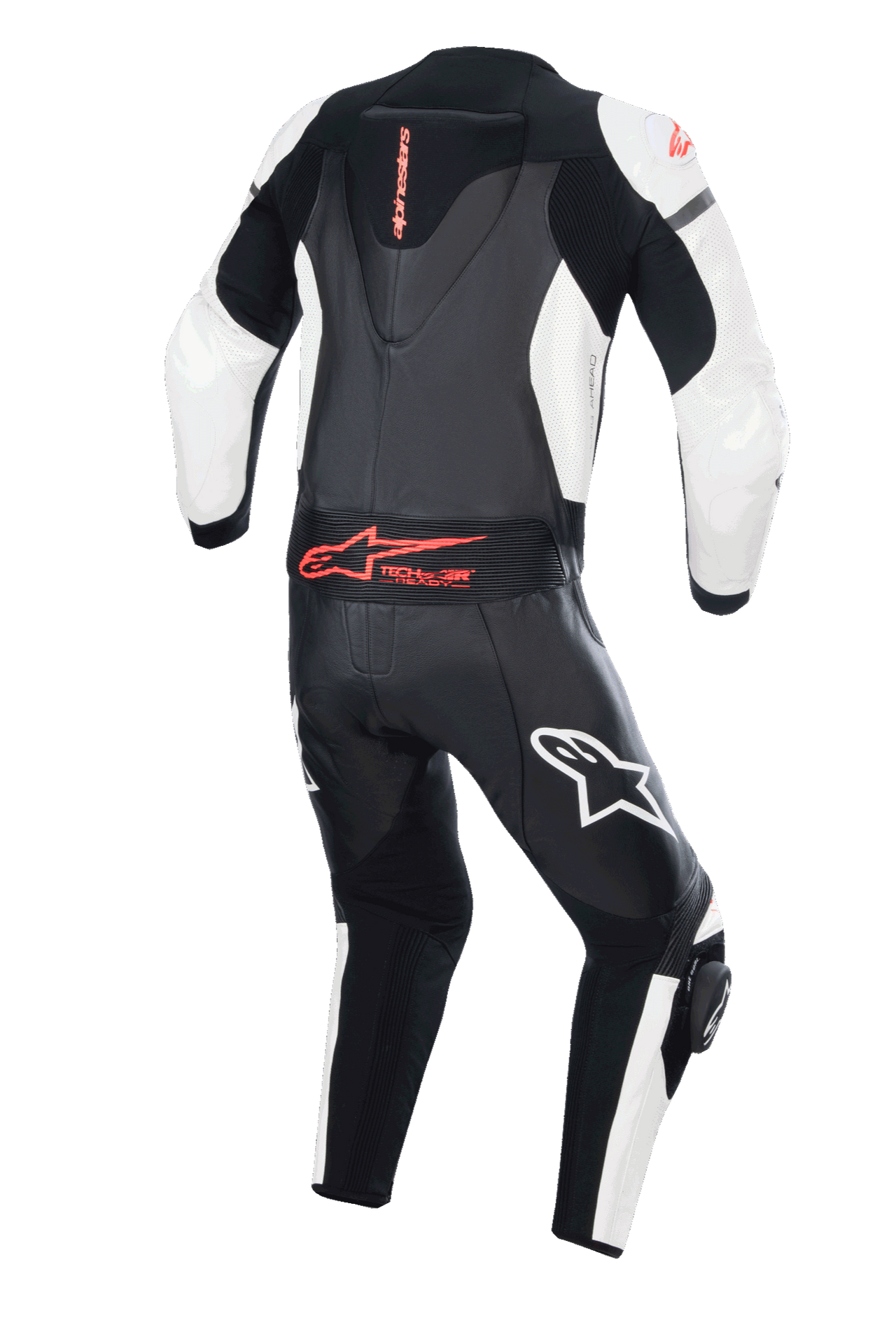 Alpinestars GP Force Lurv 2-Piece Leather Suit, Motorcycle Racing Suit, Black White and Red Fluo, rear view showing aerodynamic hump, white leather panels on arms and legs, red fluo branding and Tech-Air Ready logo on the lower back