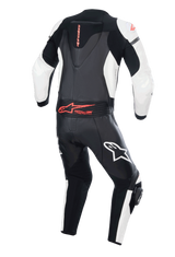 Alpinestars GP Force Lurv 2-Piece Leather Suit, Motorcycle Racing Suit, Black White and Red Fluo, rear view showing aerodynamic hump, white leather panels on arms and legs, red fluo branding and Tech-Air Ready logo on the lower back