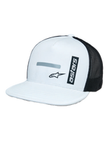 Alpinestars Alter Trucker Hat, White and Black, structured white crown and flat bill, black mesh back panels, vertical 'astars' branding and reflective logo print, casual motorsport-inspired headwear