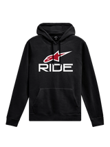 Alpinestars Ride Hoodie V 3, casual sportswear, black with white RIDE text and red star logo, kangaroo front pocket, drawstring hood, ribbed cuffs and hem, motorsport-inspired design