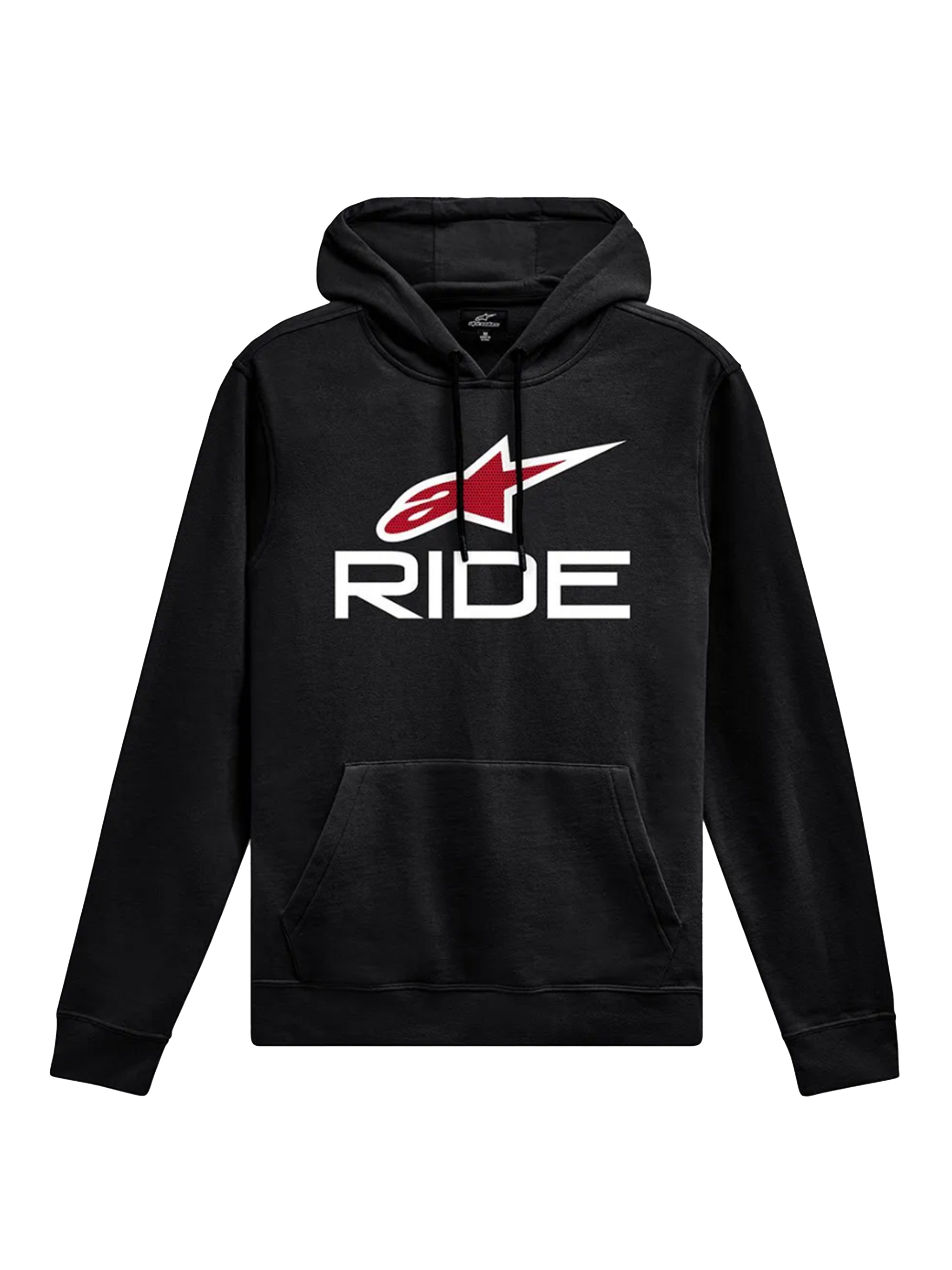 Alpinestars Ride Hoodie V 3, casual sportswear, black with white RIDE text and red star logo, kangaroo front pocket, drawstring hood, ribbed cuffs and hem, motorsport-inspired design