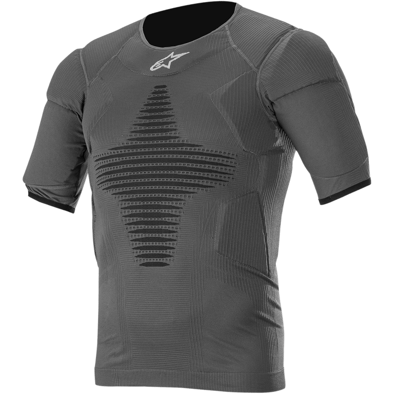 Alpinestars Roost Base Layer Top, Anthracite Black Short-Sleeve Performance Shirt, Textured Ribbed Fabric with Black Geometric Pattern, Fitted Athletic Design for Motocross and Off-Road Riding