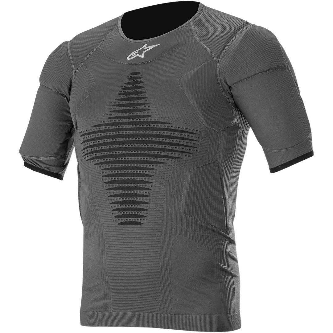 Alpinestars Roost Base Layer Top, Anthracite Black Short-Sleeve Performance Shirt, Textured Ribbed Fabric with Black Geometric Pattern, Fitted Athletic Design for Motocross and Off-Road Riding